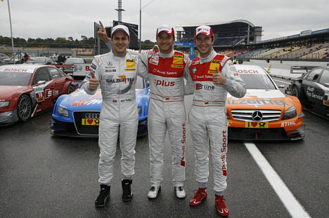 Top 3 efter kvalifikationen på Hockenheim: Til venstre Gary Paffett (3. pladsen), i midten Timo Scheider og til højre Mike Rockenfeller (2. pladsen).